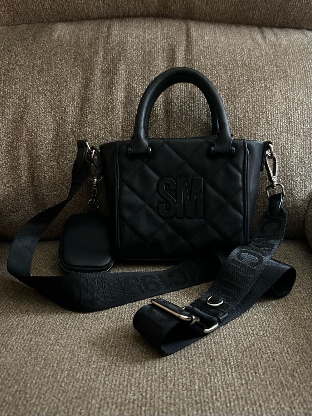Steve Madden Black Quilted Mini Tote Crossbody Bag With Pouch